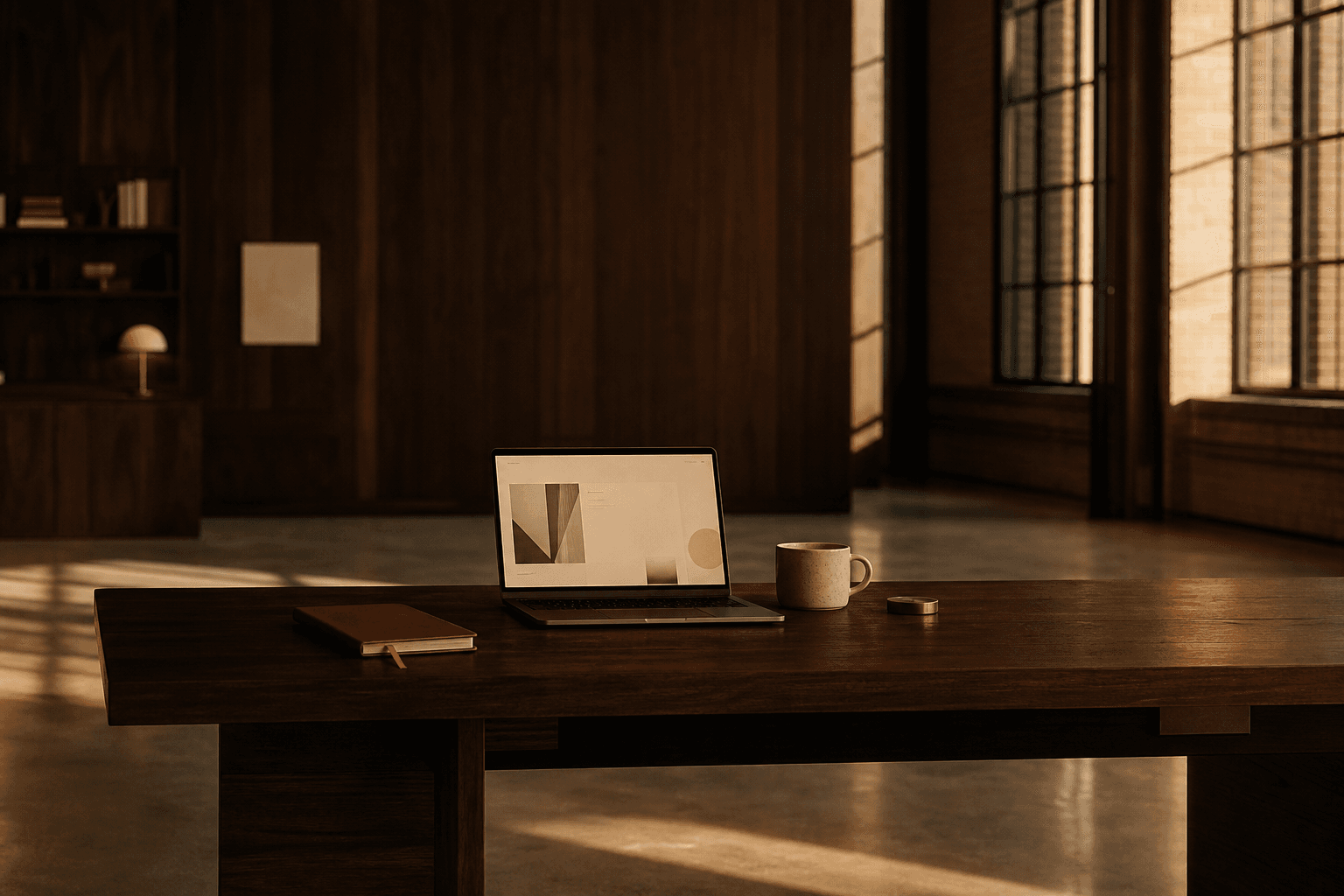 A quiet wooden desk in a warm-toned interior, late golden-hour light through tall windows, a single open laptop, a leather notebook, a ceramic mug.